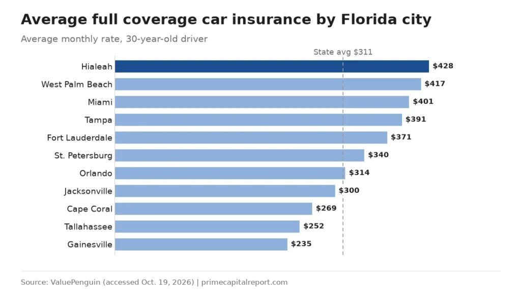Bar chart of average monthly full coverage rates in 11 Florida cities, from Hialeah $428 to Gainesville $235