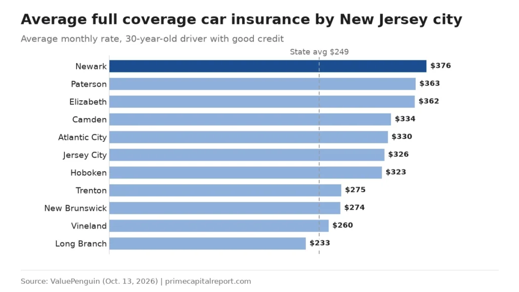 Bar chart of average monthly full coverage rates in 11 New Jersey cities, from Newark $376 to Long Branch $233