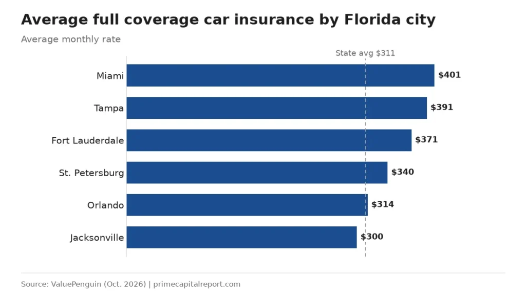 Bar chart of average monthly full coverage rates in six Florida cities, from Miami $401 to Jacksonville $300, versus a $311 state average