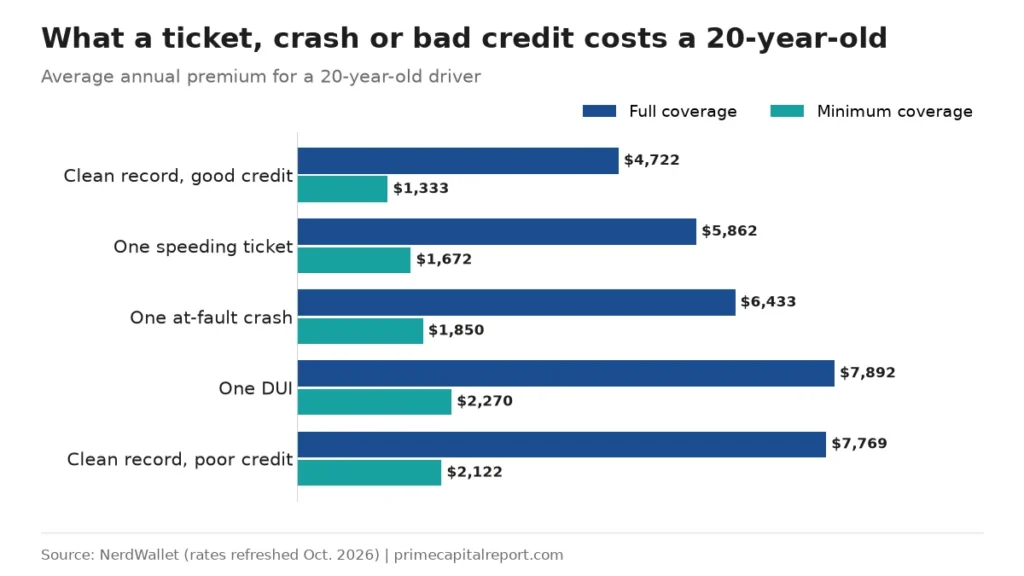 Grouped bar chart of annual premiums for a 20-year-old: clean record $4,722 full / $1,333 minimum, up to one DUI $7,892 / $2,270 and poor credit $7,769 / $2,122