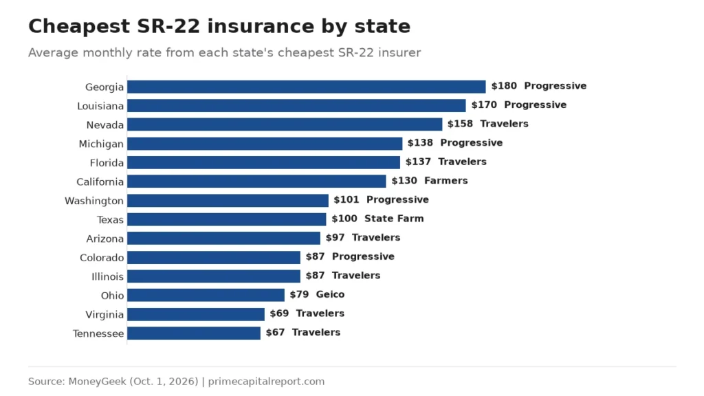 Bar chart of the cheapest SR-22 insurer's average monthly rate in 14 states, from Georgia $180 (Progressive) to Tennessee $67 (Travelers)
