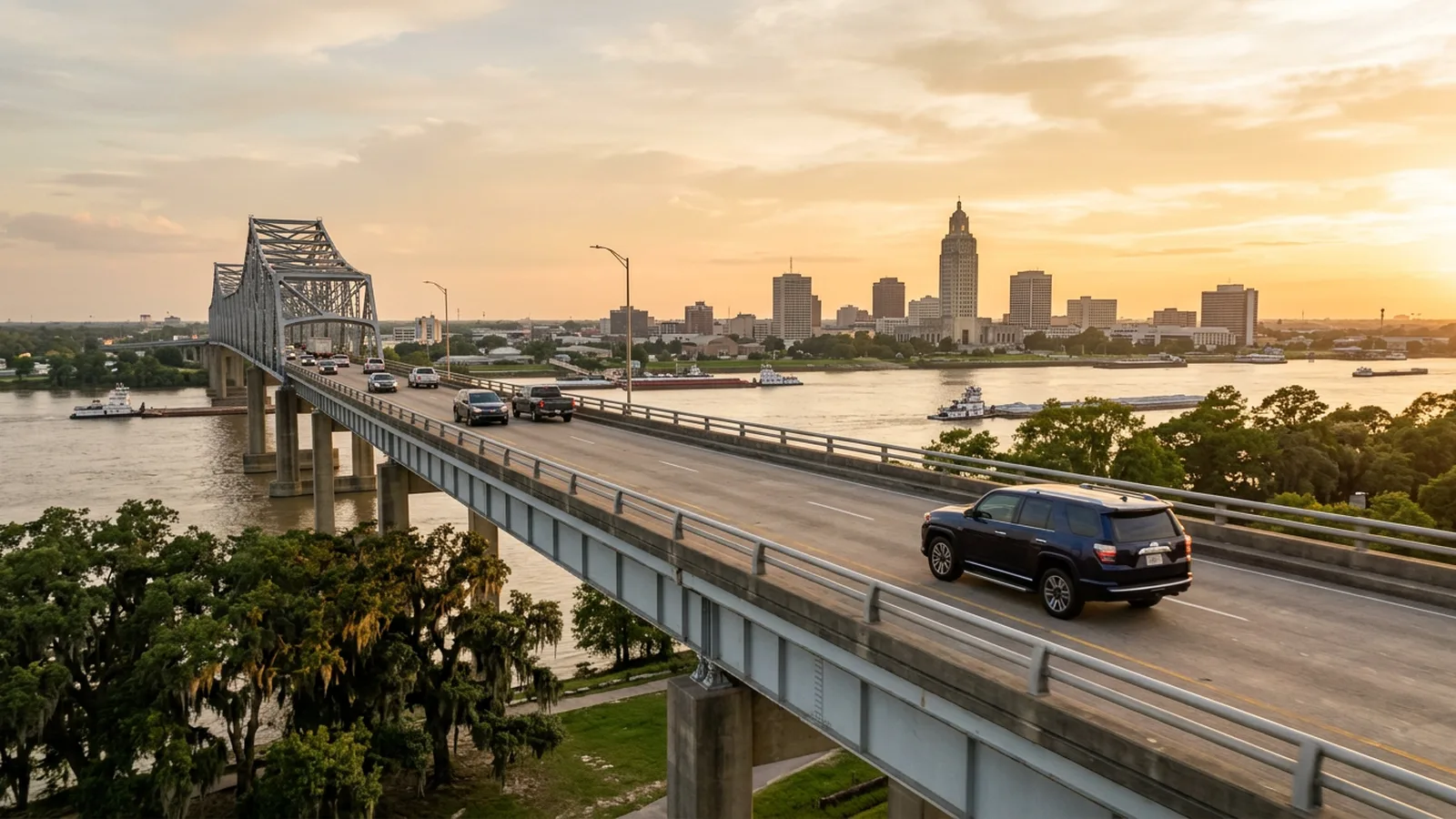 SUV crossing a Mississippi River bridge toward the Baton Rouge skyline and Louisiana State Capitol at sunset